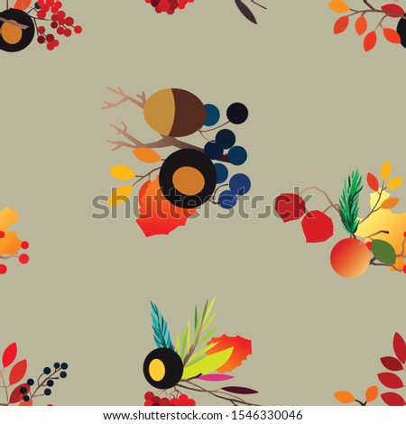 Autumn vector seamless pattern with berries, acorns, pine cone, mushrooms, branches and leaves. Fall colorful background. Fashion, fabric and prints, wrapping paper.