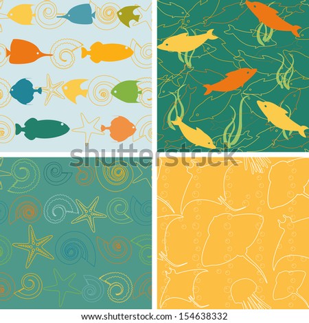 Colorful collection of sea life seamless patterns. Raster version.