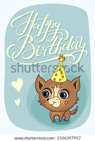 Cartoon little dog birthday card for decorative design. Vector illustration.