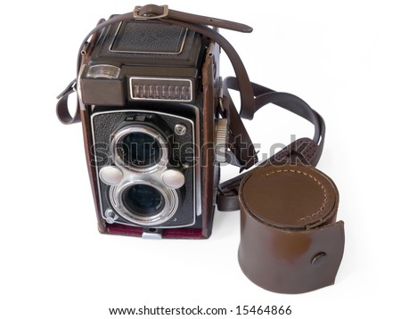 Old photographic camera with two lens. Isolated on white.