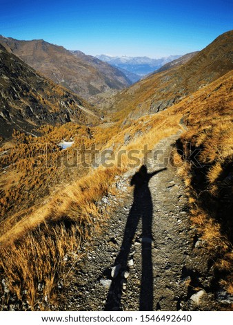 Shade of a woman hiker on dry Autumn slopes in Valais in Swiss Alps on a beautiful day