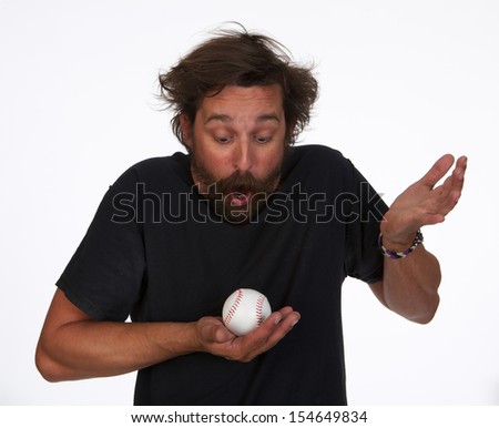 Happy Baseball Fan Who Caught a Foul Ball on White Background