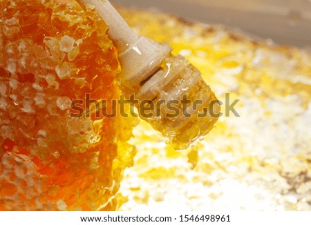 wooden spoon with dripping drops of sticky honey lies on the honeycomb covered with white wax