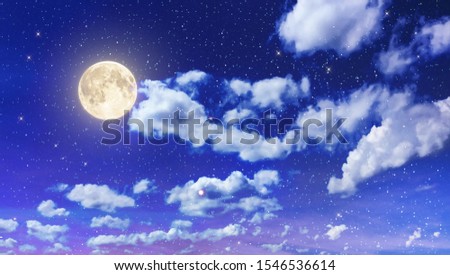 beautiful full moon with starry night sky in purple and blue shade and clouds , element moon from nasa