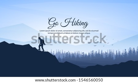 Traveler climbs. Travel concept of discovering, exploring and observing nature. Hiking. Adventure tourism. The guy walking with backpack and travel walking sticks. Website template. Natural wallpaper