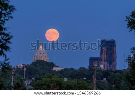 A Telephoto Full Moonrise over the St. Paul Capitol Building during a Summer Evening