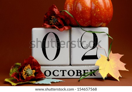 Save the Date white block calendar for October 2 nd, with autumn fall colors, fruit and flowers theme  for individual special occasions, holidays and events.