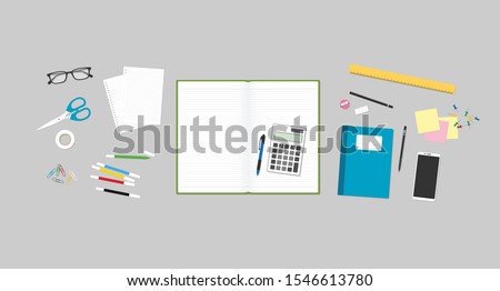 Top View of Student Accountan Desk Table with Stationery Stuff