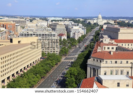 Washington DC, Pennsylvania Avenue, aerial view with federal buildings including US Archives building, Department of Justice and US Capitol