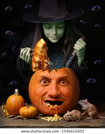 Funny Halloween picture with pumpkin and witch.