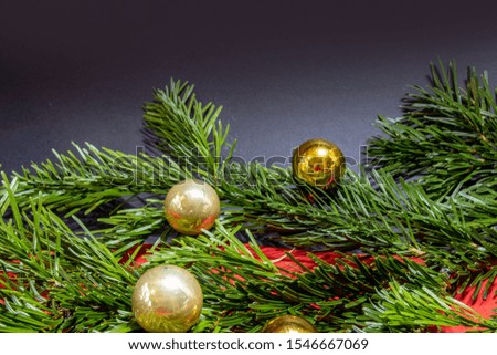 Christmas pictures, view of fir branches and Christmas decorations