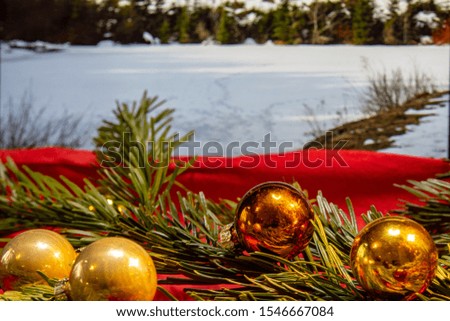 Christmas pictures, view of fir branches and Christmas decorations