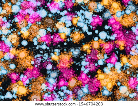 Orange, pink and blue spots and splashes on a black background. Abstract colorful spots. Background for graphic design. Spotted texture. 