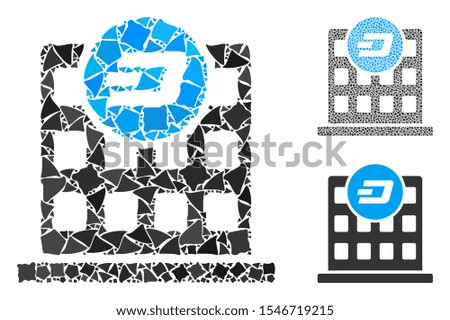 Dash company building mosaic of bumpy elements in various sizes and color hues, based on Dash company building icon. Vector bumpy pieces are composed into collage.