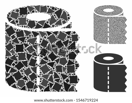 Toilet paper roll composition of inequal parts in different sizes and color hues, based on toilet paper roll icon. Vector tuberous parts are grouped into collage.