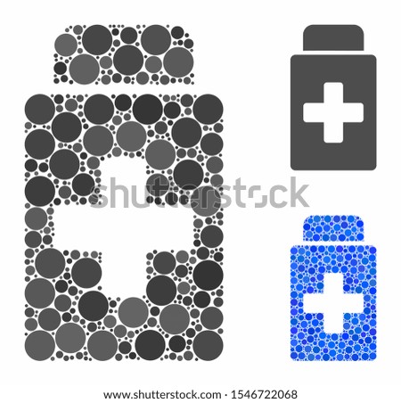 Treatment vial mosaic of spheric dots in various sizes and color hues, based on treatment vial icon. Vector dots are combined into blue mosaic. Dotted treatment vial icon in usual and blue versions.