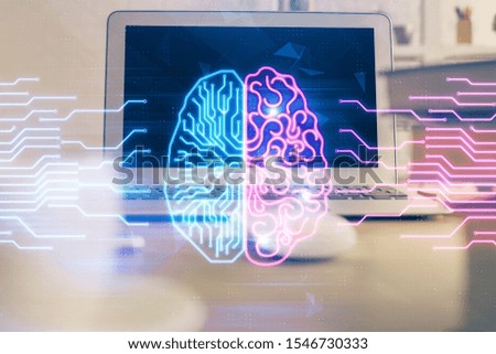 Double exposure of table with computer and brain hologram. Data innovation concept.