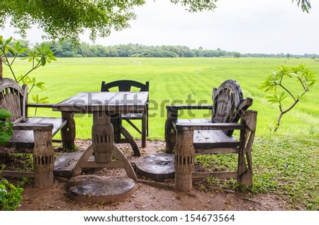 Thai style desk with rice field, Thailand.