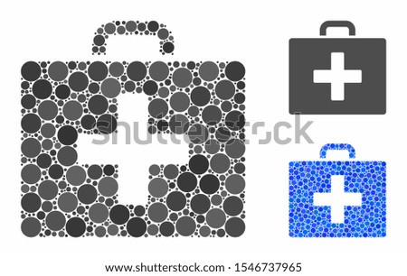 First aid bag composition of round dots in various sizes and shades, based on first aid bag icon. Vector round dots are composed into blue mosaic. Dotted first aid bag icon in usual and blue versions.