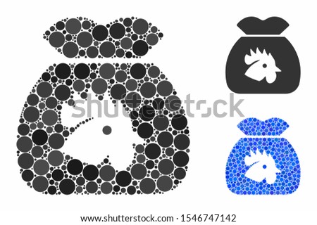 Chicken food sack mosaic of round dots in various sizes and color hues, based on chicken food sack icon. Vector round dots are united into blue illustration.