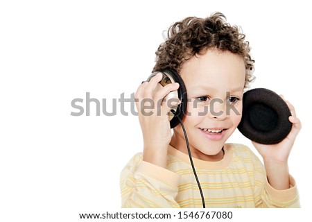 boy with headphones enjoying music on white background stock photography stock photo