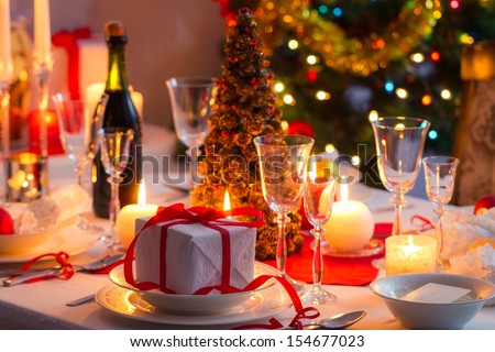 Traditional dishware on Christmas table Royalty-Free Stock Photo #154677023