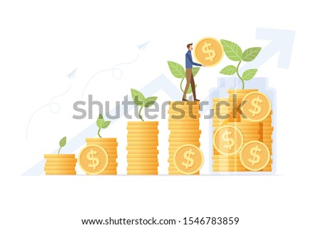 Growing saving Concept. young man putting coins in jar on money stack step growing growth saving money. Vector illustration flat design style. Royalty-Free Stock Photo #1546783859