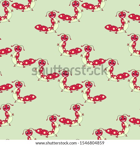 Caterpillar cute seamless pattern. Cartoons funny red green object isolated on light green design element stock vector illustration for web, for print, for textile