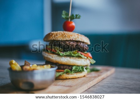 Tasty and delicious double burger and potatoes
