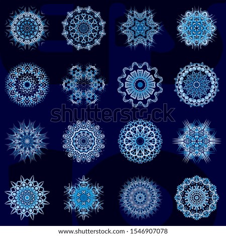 Round, snowflake-like lace ornament, circle with many details, like crocheting handmade lace. Arabesques or mandalas or even turkish