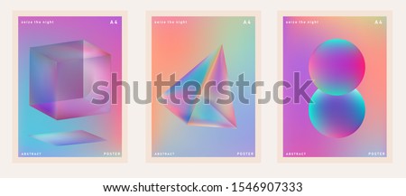Set of retrofuturistic posters in vaporwave and synthwave style with floating in zero gravity neon holographic prism. Cover for music or club event. Royalty-Free Stock Photo #1546907333