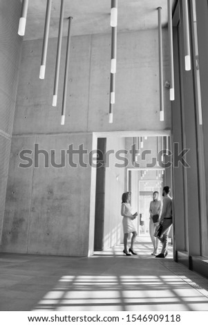 Black and white photo of business people discussing plans before meeting in office hall