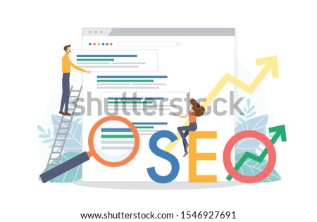 Man and woman change SEO ranking position. Search screen page with magnifier . Vector illustration flat design style. SEO, Search Engine Optimization, Top ranking Concept. Royalty-Free Stock Photo #1546927691