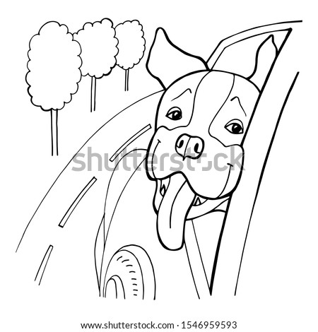 Black and White Cartoon Vector Illustration of Funny Dog in the Car for Coloring Book