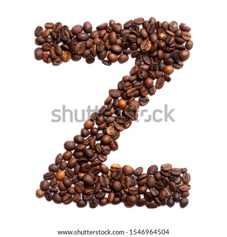 Letter Z of the English alphabet of freshly roasted cocoa beans on a white isolated background. coffee pattern made from coffee beans. Font for coffein, the concept of vivacity and culture of coffee. 