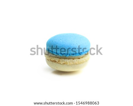 Haft blue and white French macarons (macaroons) cake,  delicious sweet dessert on white background, lovely food  concept