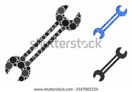 Wrench composition of spheric dots in different sizes and color tinges, based on wrench icon. Vector dots are grouped into blue composition. Dotted wrench icon in usual and blue versions.
