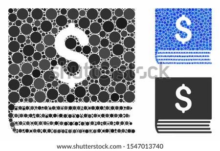 Sales book mosaic of small circles in variable sizes and color hues, based on sales book icon. Vector filled circles are combined into blue mosaic. Dotted sales book icon in usual and blue versions.