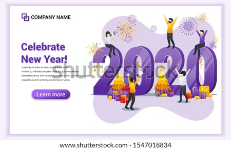 Happy new year 2020 concept. People are celebrating the new year with gift boxes and fireworks. Can use for web banner, poster, landing page, web template. Vector illustration