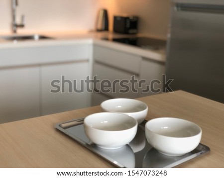 Bowl set in the glossy iron tray in the kitchen background. Real photo.