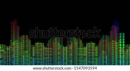 vector night cityscape illustration, colorful lights in the dark