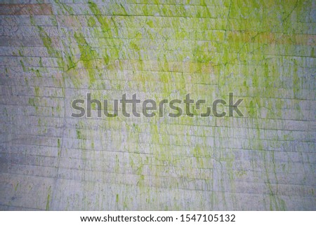 Old gray concrete wall of tunnel with stripes, scratches, green mold, grunge texture and background.