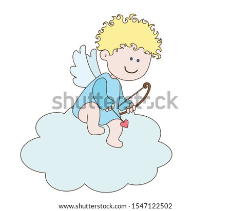 A little angel sits on a cloud and holds a bow and arrow. Vector illustration.