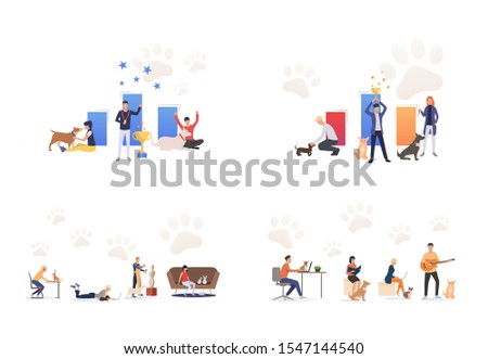 Pets owners set. People winning prize in show, training cats and dogs. Flat vector illustrations. Animals or hobby concept for banner, website design or landing web page