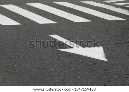 Road marking on asphalt with direction of movement and pedestrian crossing