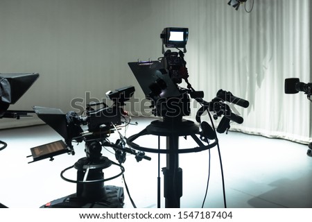 Professional Video Camera Equipment & Lens. Recording Show in TV Studio. – Image
