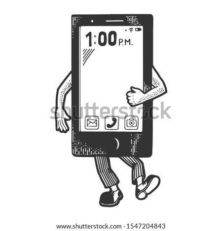 Smart phone gadget walks on its feet sketch engraving vector illustration. T-shirt apparel print design. Scratch board style imitation. Black and white hand drawn image.