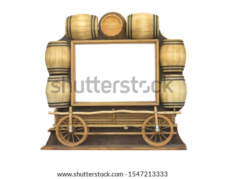 Original handmade frame as cart with barrels  isolated over white background