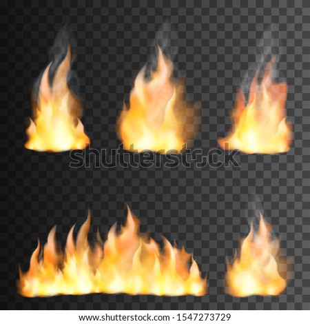 Fire flame realistic set of small and big bright elements on transparen black background isolated vector illustration