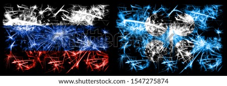 Russia, Russian vs OPEC New Year celebration sparkling fireworks flags concept background. Combination of two states flags.
